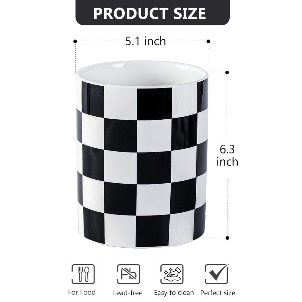 Kitchen Utensil Holder, 6.3 Inch Checkered Ceramic Cooking Utensil Holder Mod...