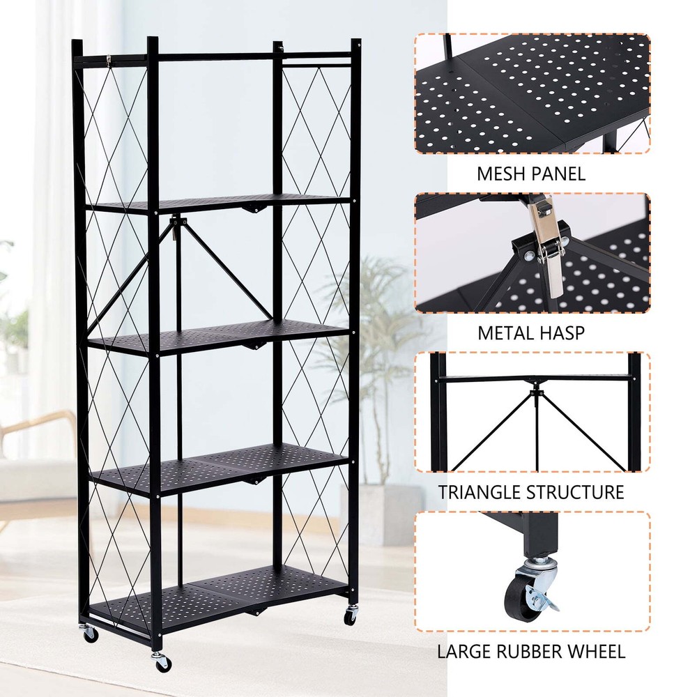 5-layer foldable storage rack, metal rack unit, basement and pantry storage rack