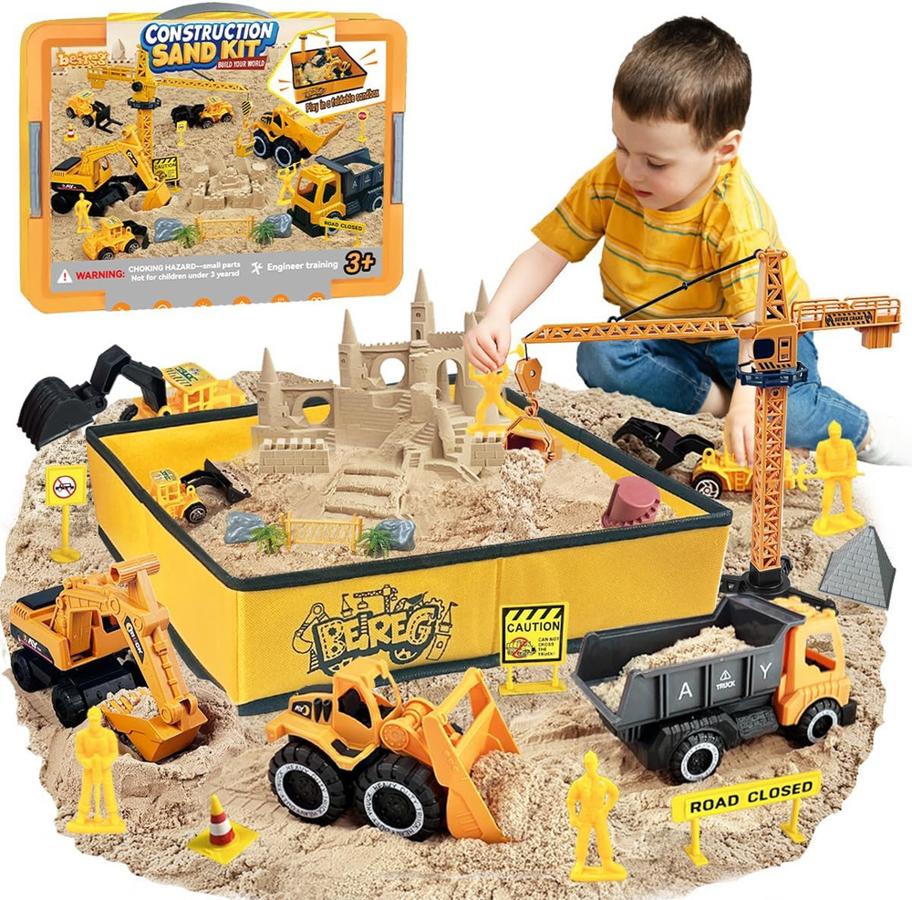 Construction Sensory Sand Kit - 42 PCS Building Set with 2Lbs Magic Sand, 9 Cons