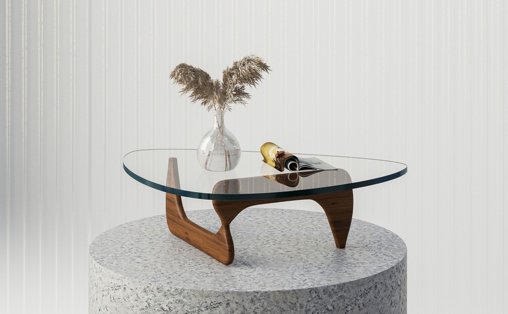 Mid-century Modern Triangle Noguchi Coffee Table Solid Wood Base Tempered Glass