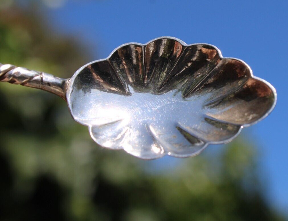 Antique Silver Berry Spoon w/Twisted Handle Shell Shape-#B2