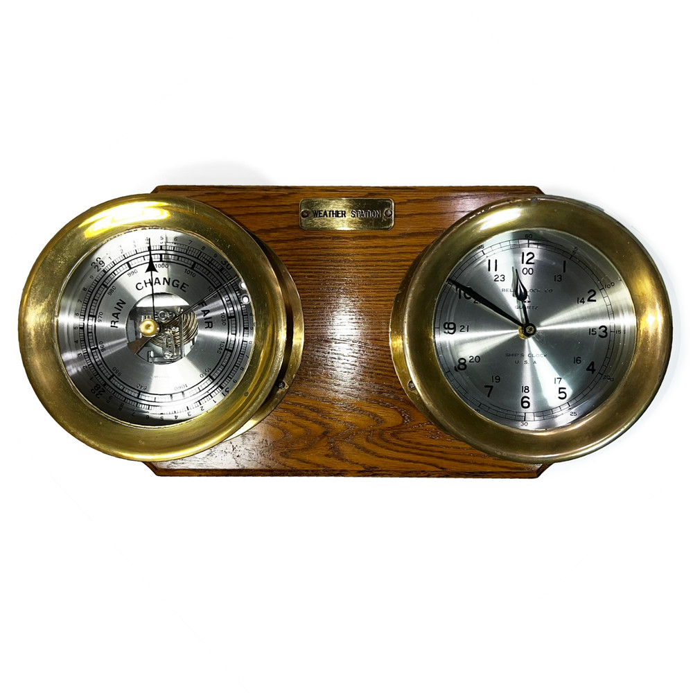 Bell Clock Co Solid Brass Ship Clock & Barometer Weather Station Tested