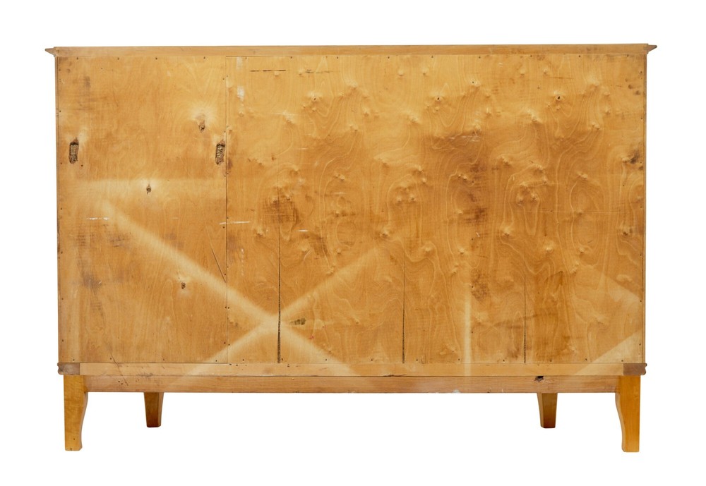 MID CENTURY SCANDINAVIAN BIRCH INLAID SHAPED SIDEBOARD