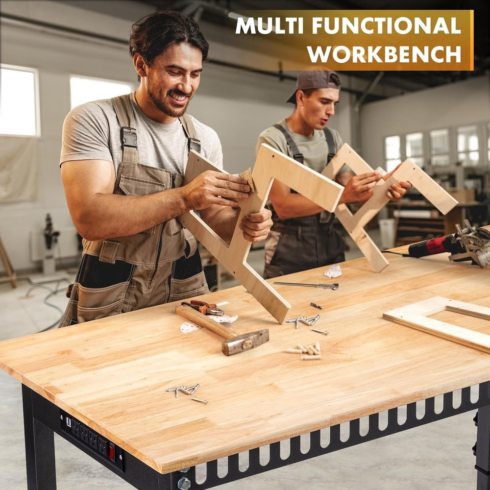 Eco-Friendly Rubber Wood Workbench with 2000 LBS Capacity - Adjustable & Mobile