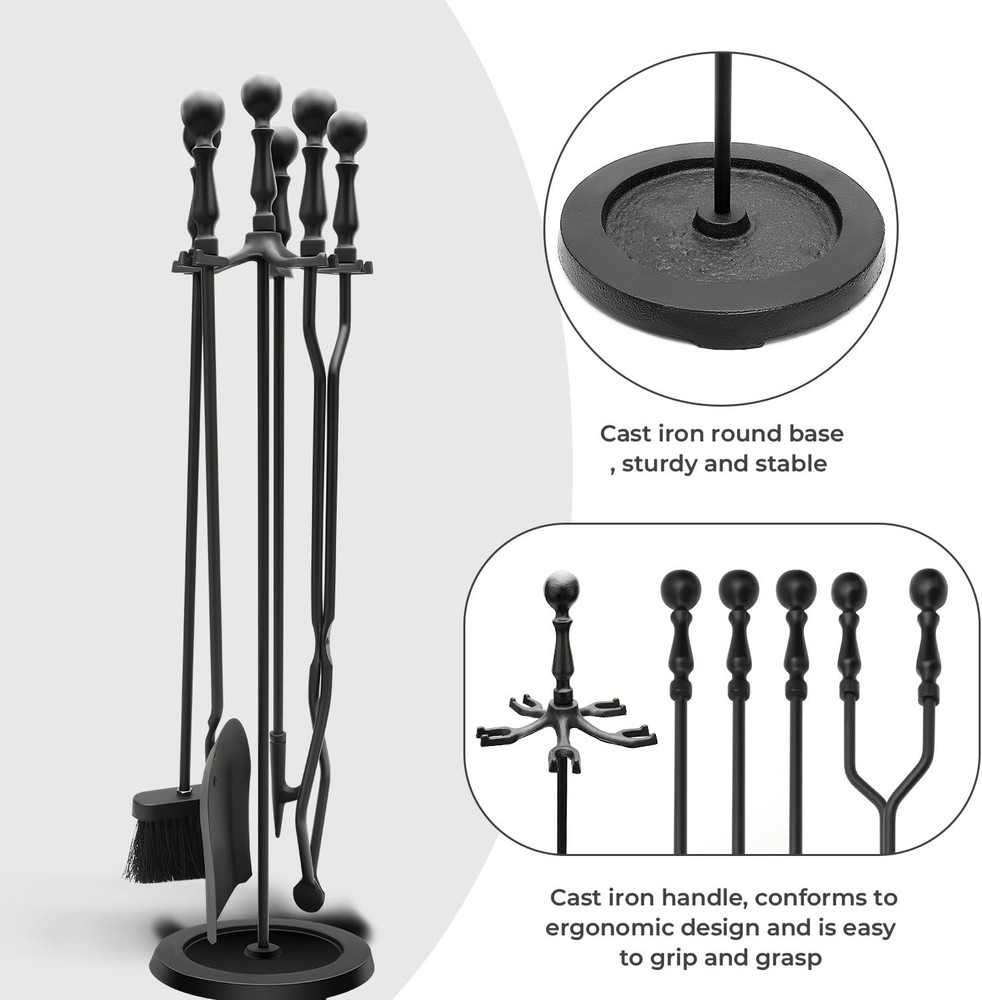 Fireplace Tools Set 5-Piece Cast Iron Fire Place Tool Set W/ Stand