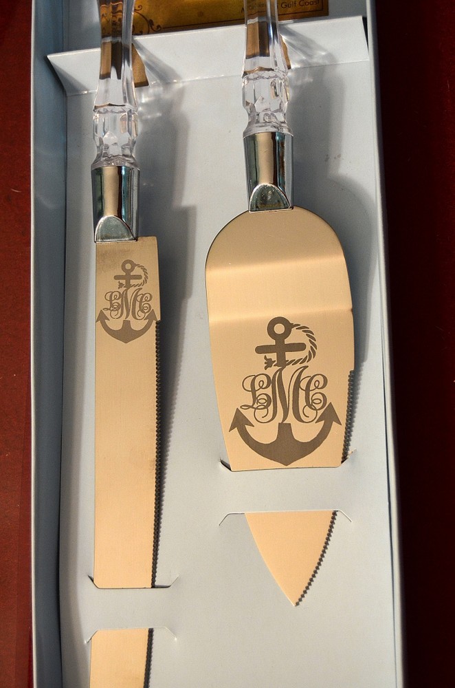 Anchor Monogram couple cake Knife and Server, Free Monogram and Date