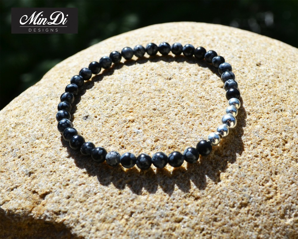Stretch Bracelet with Sterling Silver, Obsidian Snowflake.