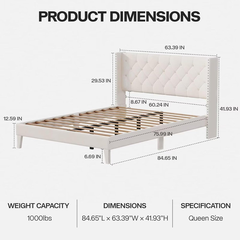 DOGIBIXO Queen Size Bed Frame with LED Lights, Upholstered Bed Frame with Wingba