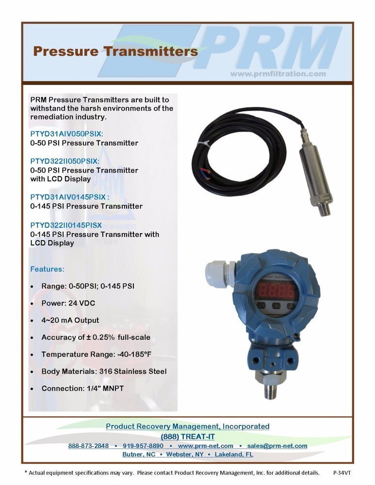 PRM 0-145 PSI Pressure Transmitter 4-20mA 24 VDC ¼” MNPT
