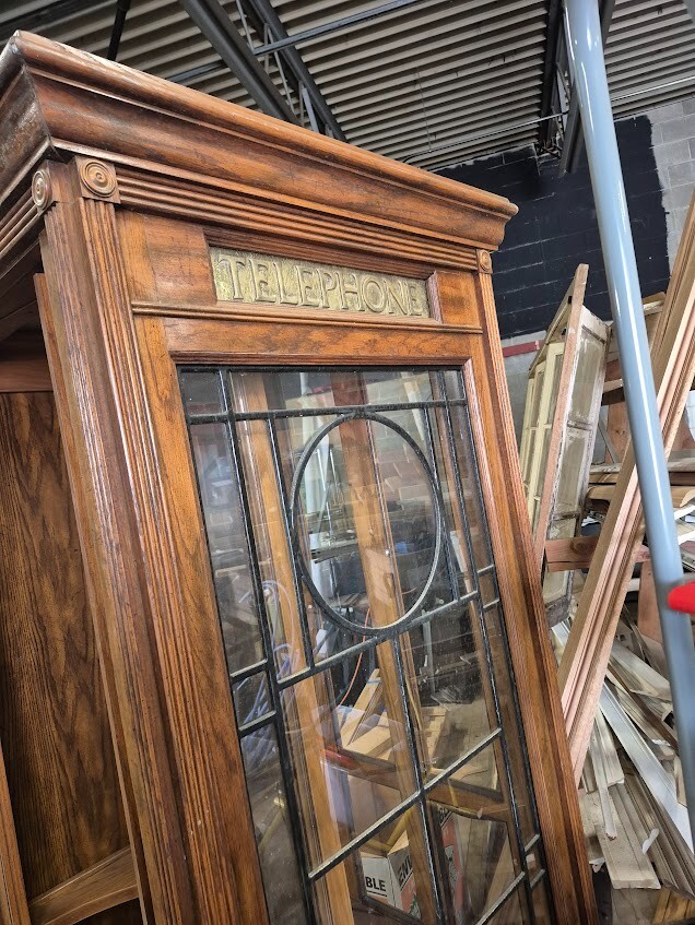 Antique Solid Oak with Leaded Glass Panel Hotel Phonebooth