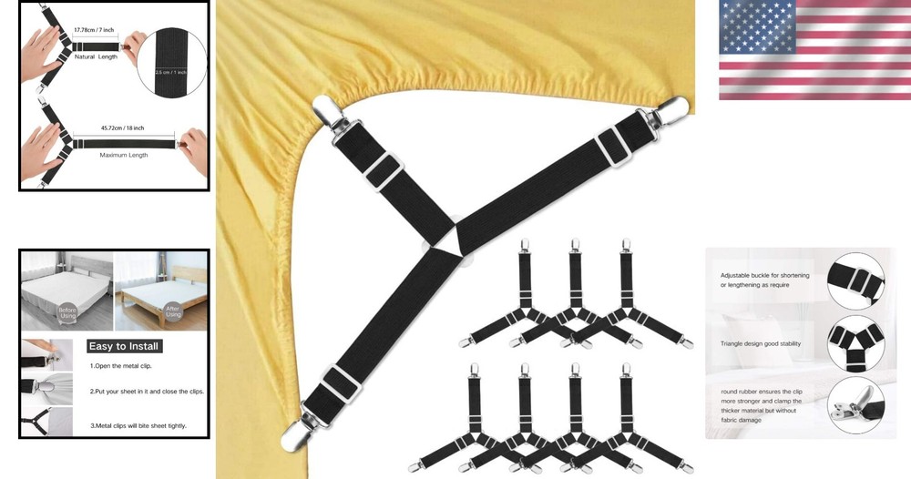 Triangle Design Adjustable Fitted Sheet Straps - 8 Piece Black Straps Set