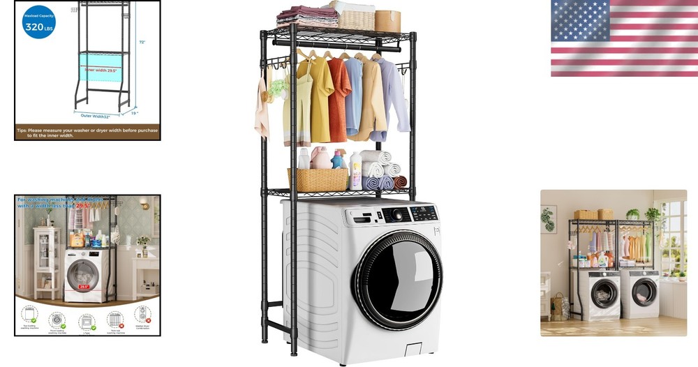 Adjustable 2-Tier Over Washer Shelves - Space-Saving Laundry Organizer in Black