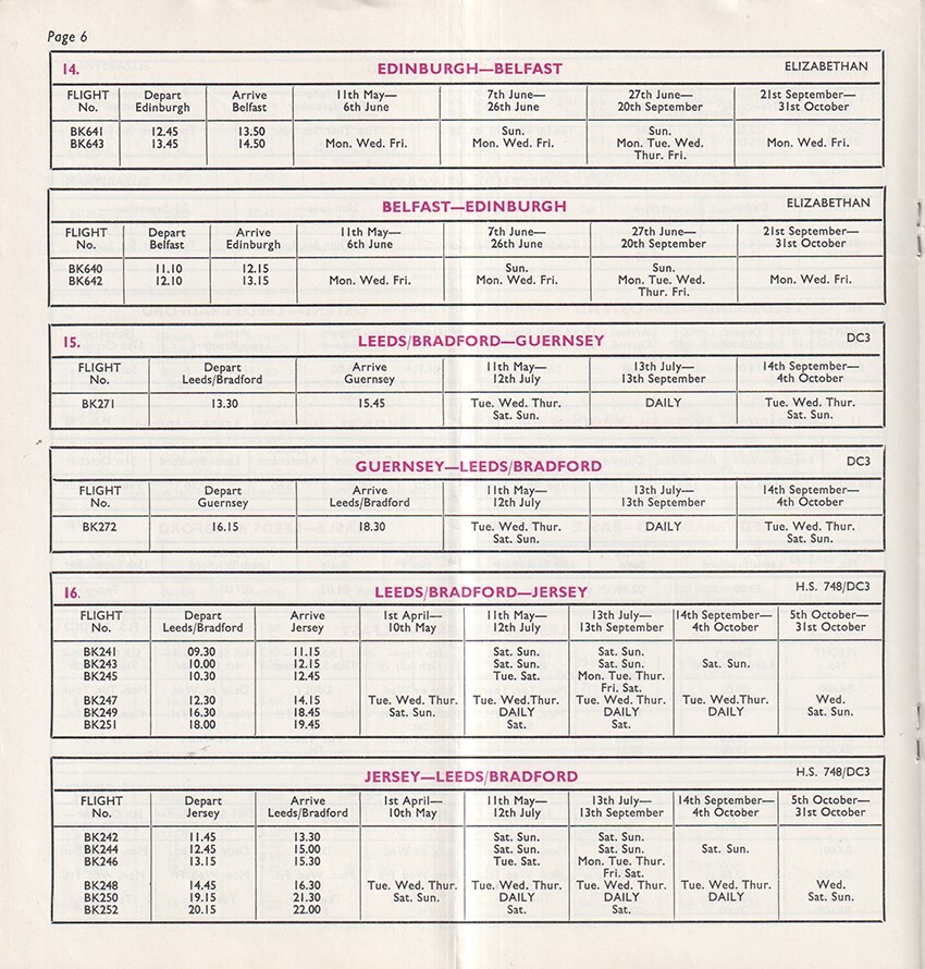 BKS Air Transport timetable 1964/SUM