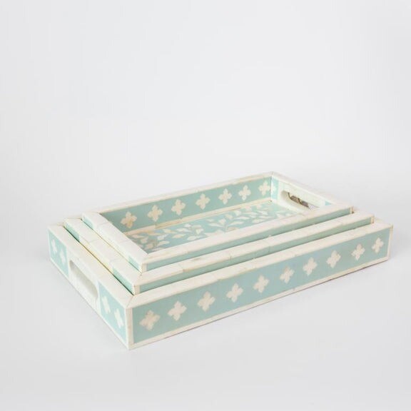 Bone Inlay Tray- Handmade Baby Blue Scroll Vine