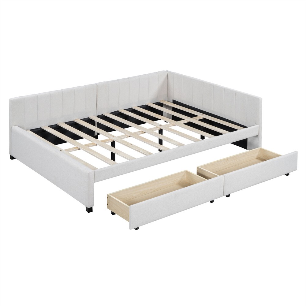Full Size Daybed Upholstered Bed Frame Sofa Bed w/ 2 Storage Drawers Beige