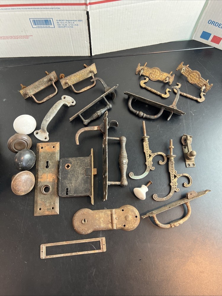 Antique Lot of Salvage Hardware For Doors Cabinets Thumb Latch Knobs Pulls