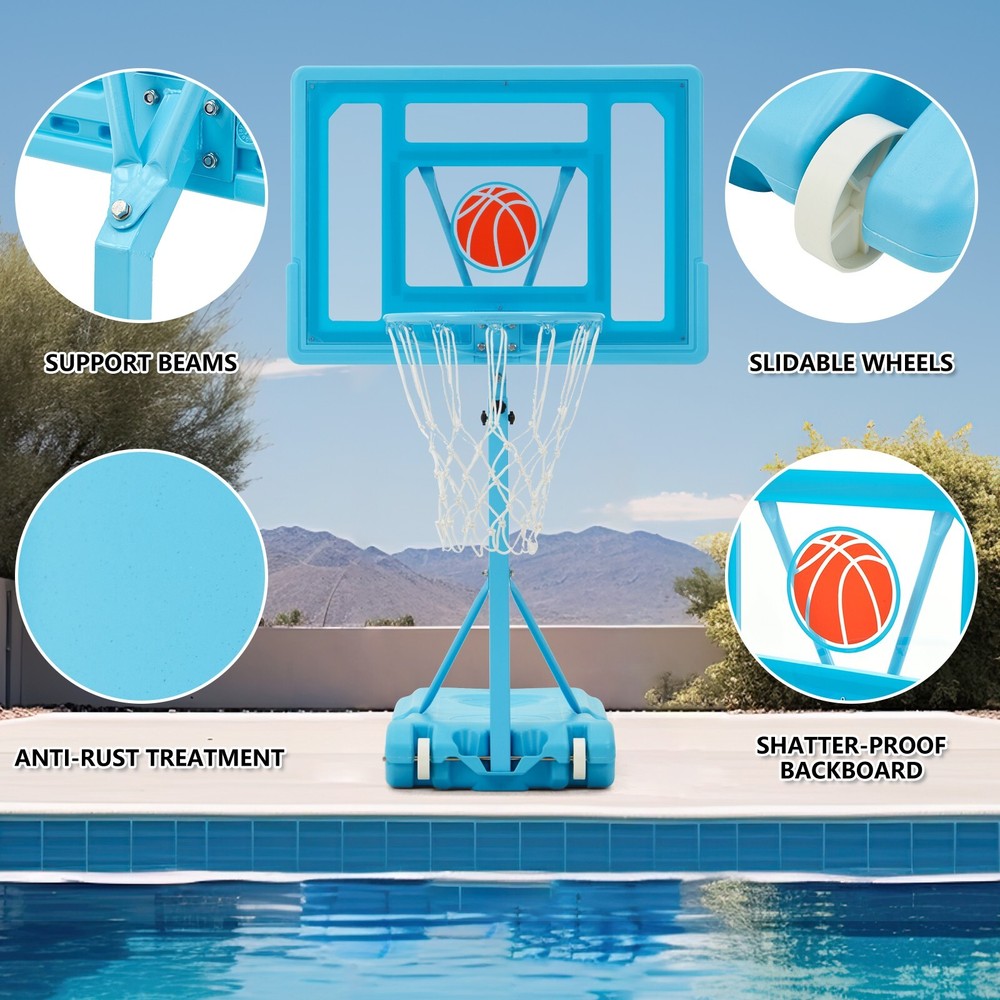 Adjustable Pool Basketball Hoop, Portable with Wheels, Includes Ball & Pump