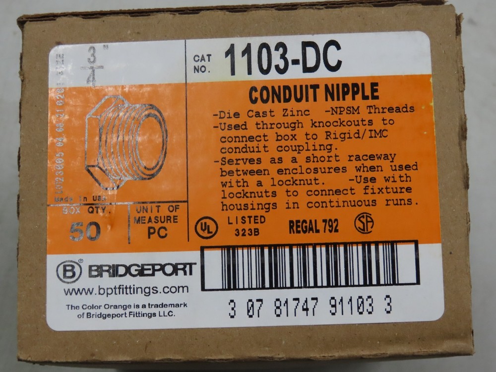 BRIDGEPPORT CONDUIT NIPPLE 3/4" 1103-DC QTY 50