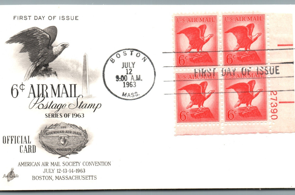 First Day Issue postcard-1963 Boston Mass. US Air Mail Eagle 6¢ -4spt -pB410
