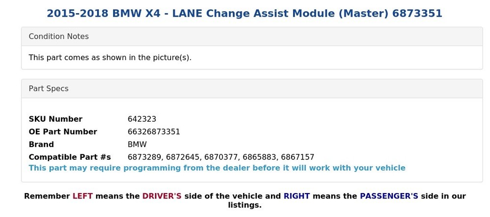 2015-2018 BMW X4 - LANE Change Assist Module (Master) 6873351