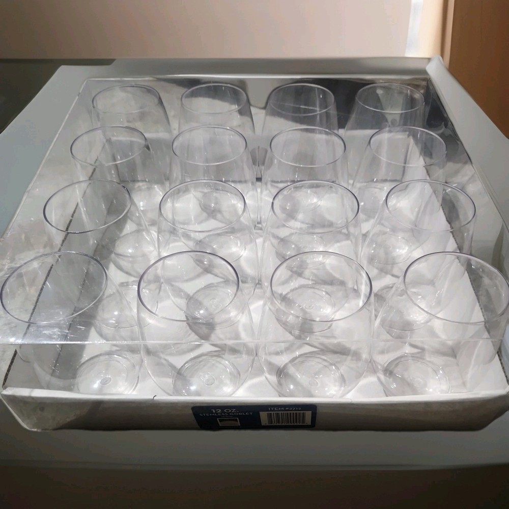 12oz. Stemless Plastic Wine Goblet 16 Count - clear plastic 4" Tall