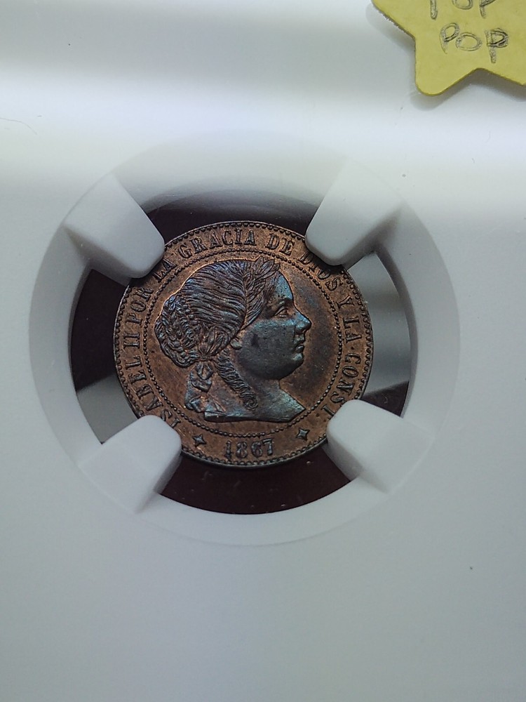 Spain 1867 Jubia OM Half Centesimo NGC MS64 Top Pop