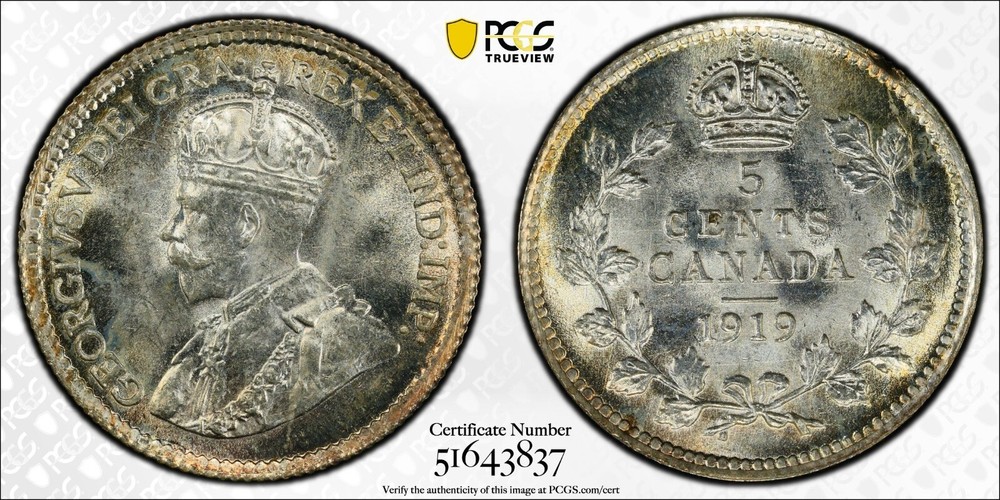 1919 Canada 5 Cent - PCGS Uncirculated MS 65, Superb Toning