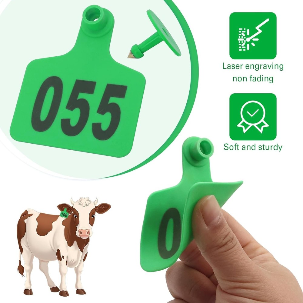 Essential 100 Piece Green Cattle Ear Tags Set with Flexible Applicator Tools