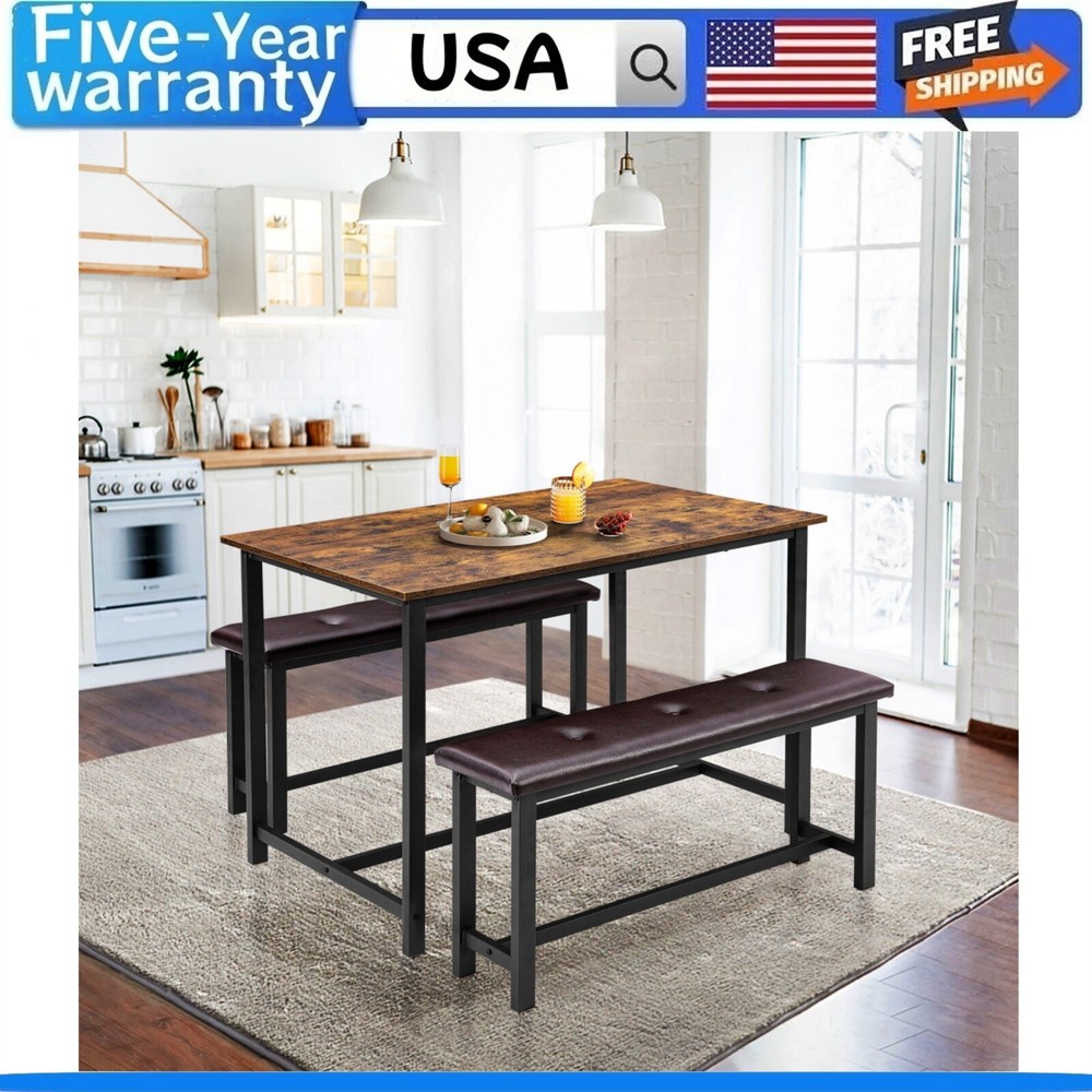 ✅Dining Table Set for 4 Kitchen Table with 2 Upholstered Benches 3 Piece Kitchen