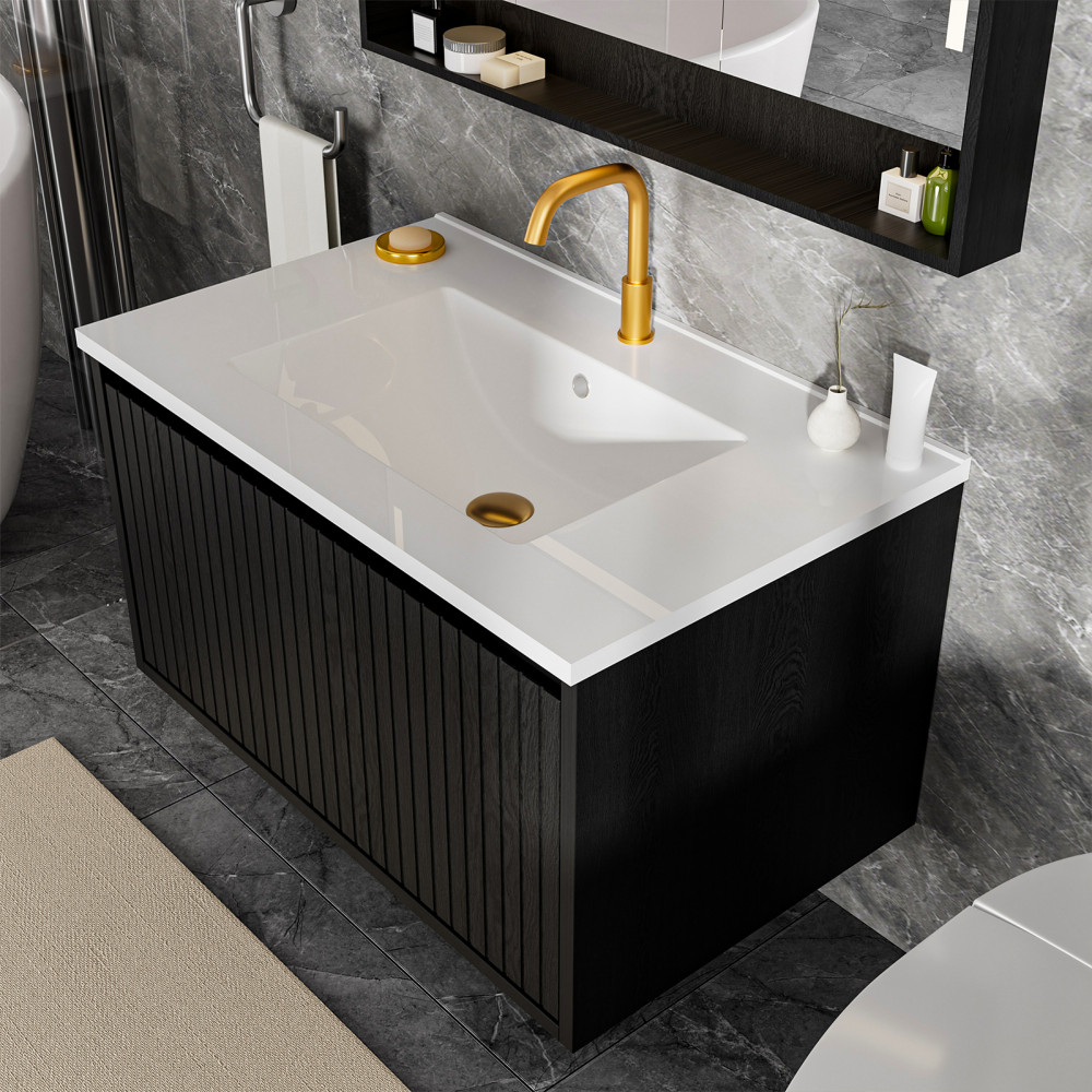 Bathroom Vanity Cabinet W Ceramic Drawers Sink Wall Floating Fluted Vanity
