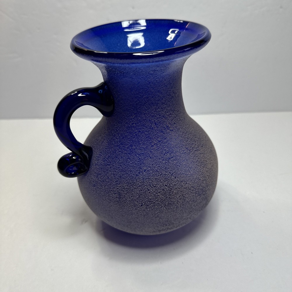 Cobalt blue pitcher/ Vase with textured finish decorative handle