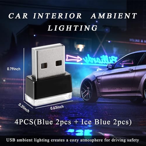 4 PCS USB LED Car Interior Atmosphere Lamp, Plug-in USB Interface Blue+Ice Blue