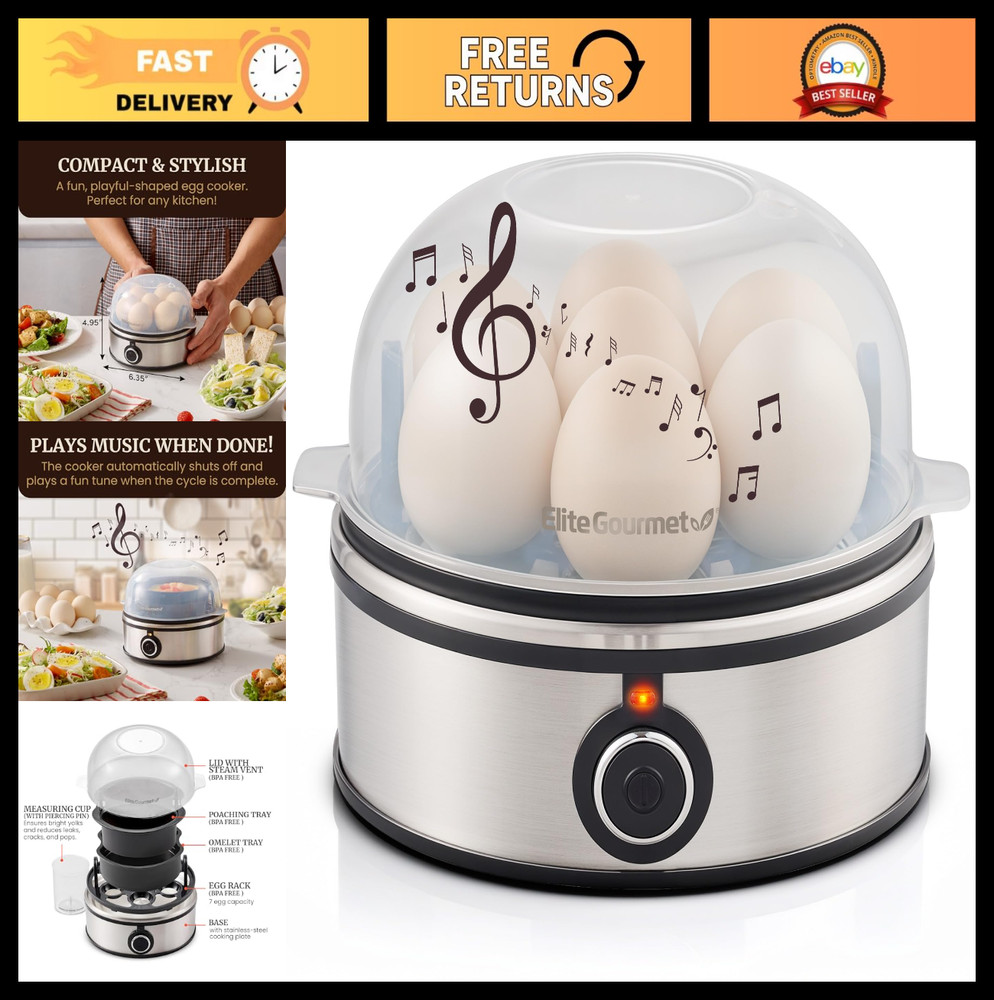 7-Egg Capacity Egg Cooker - Soft, Medium, Hard-Boiled, Omelets, Poached Eggs, Au