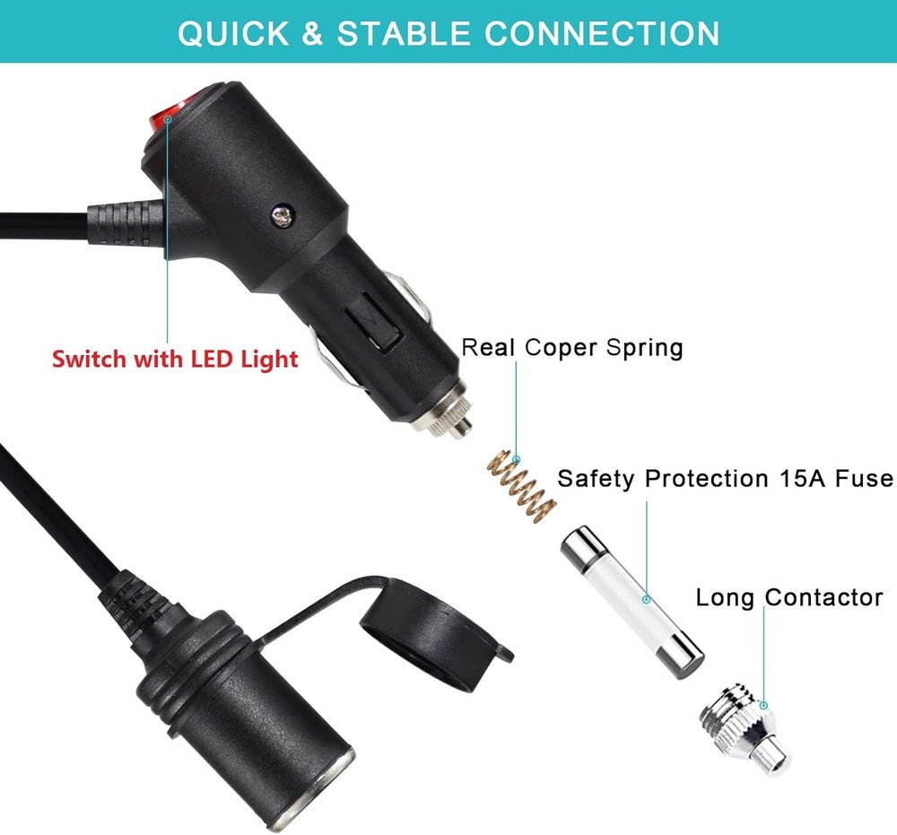 5FT Cigarette Lighter Extension Cord with on off Switch - Car Cigarette Lighter