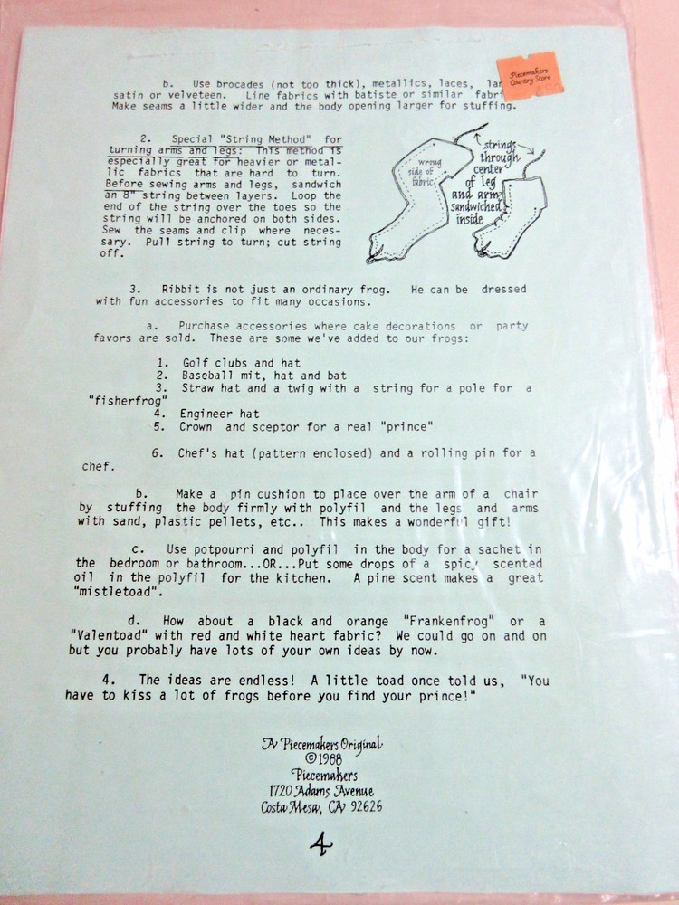 Sewing Pattern 1988 Frog Patterns from Piecemakers UNCUT