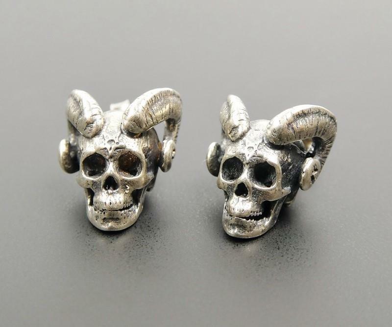Handmade Sterling Silver Devil Demon Skull Horn Stud Post Earrings Gothic Punk
