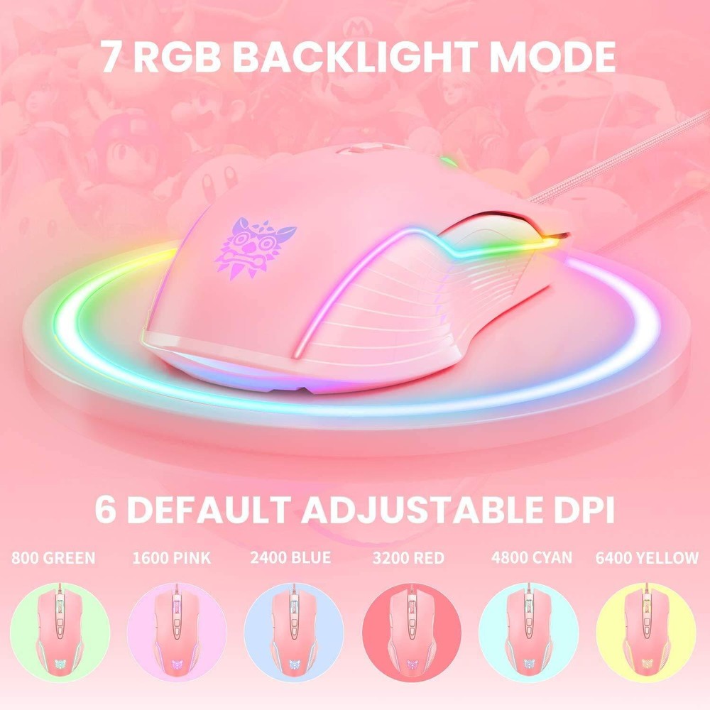 RGB Gaming Mouse Wired 6400 DPI 7 Programmable Buttons Pink Ergonomic