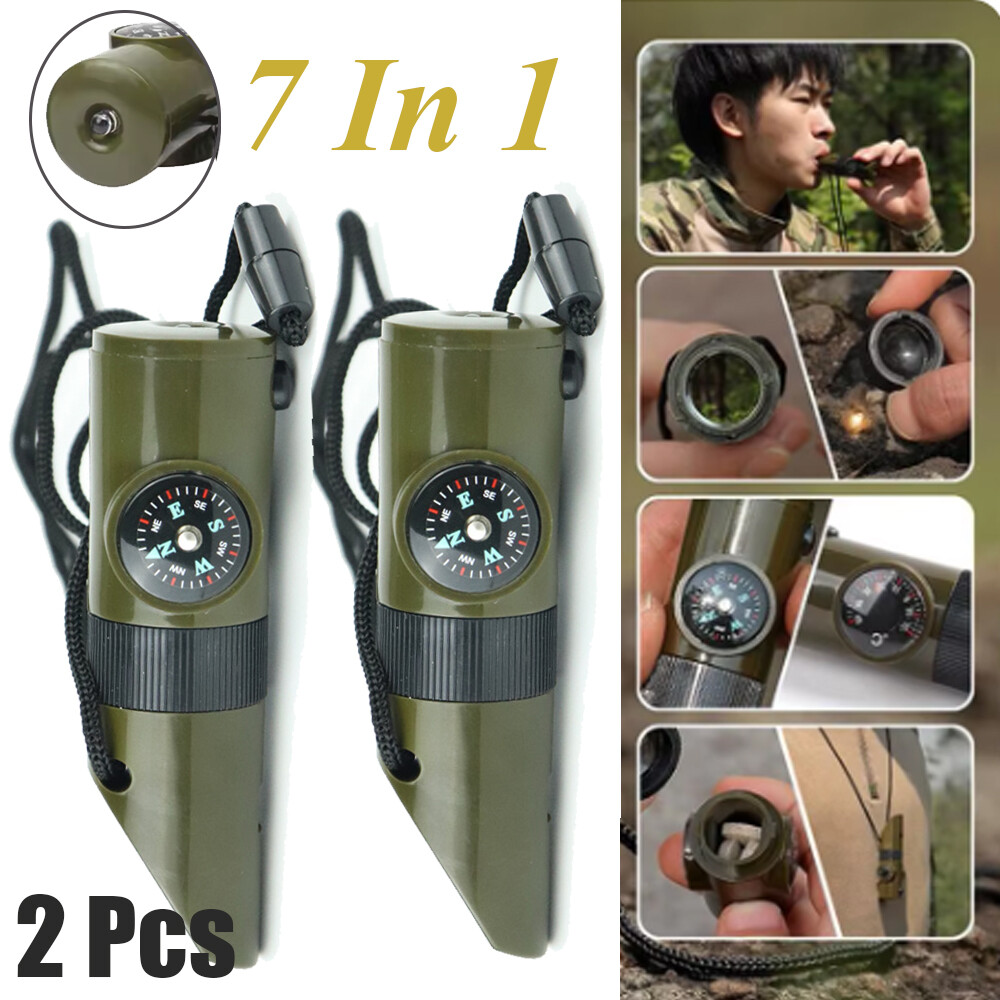 2pc 7 in 1 Military Emergency Survival Whistle Compass Thermomet Tools LED Light