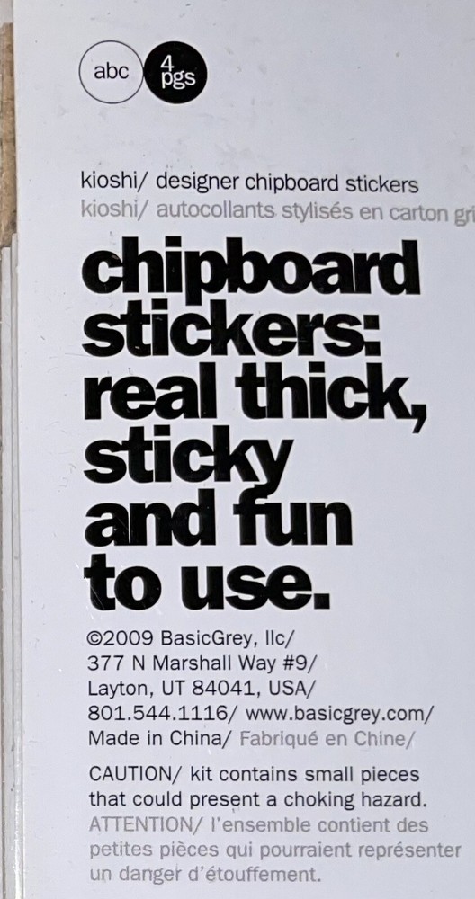 Basic Grey Designer Chipboard Kioshi Alphas Real Thick & Sticky Chip Sticker 4pg