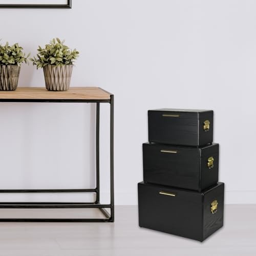Cheungs Sable Black Rectangle Wood Trunks Gold Handles Set 3