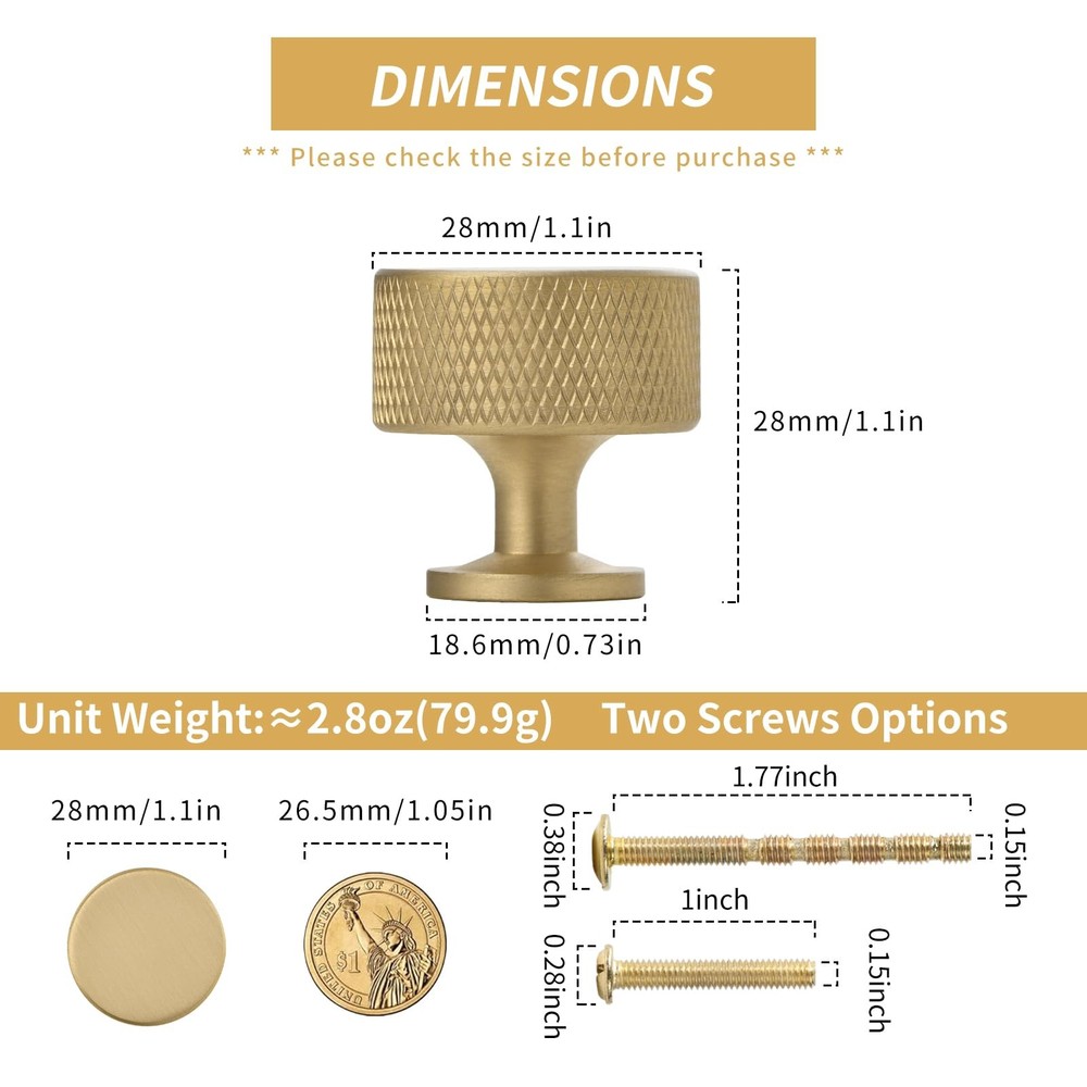 Urnew- 5 Pack Solid Brass Kitchen Cabinet Knobs 5 Pack, Matt Brushed