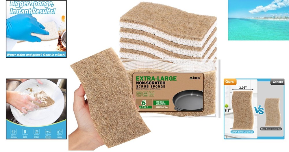 Extra Large Cellulose Sponges 6 Pack - Non-Scratch, Multi-Purpose Cleaning Power