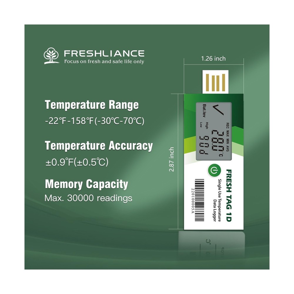 Freshliance Temperature Data Logger with LCD Display, Single Use USB Temperat...