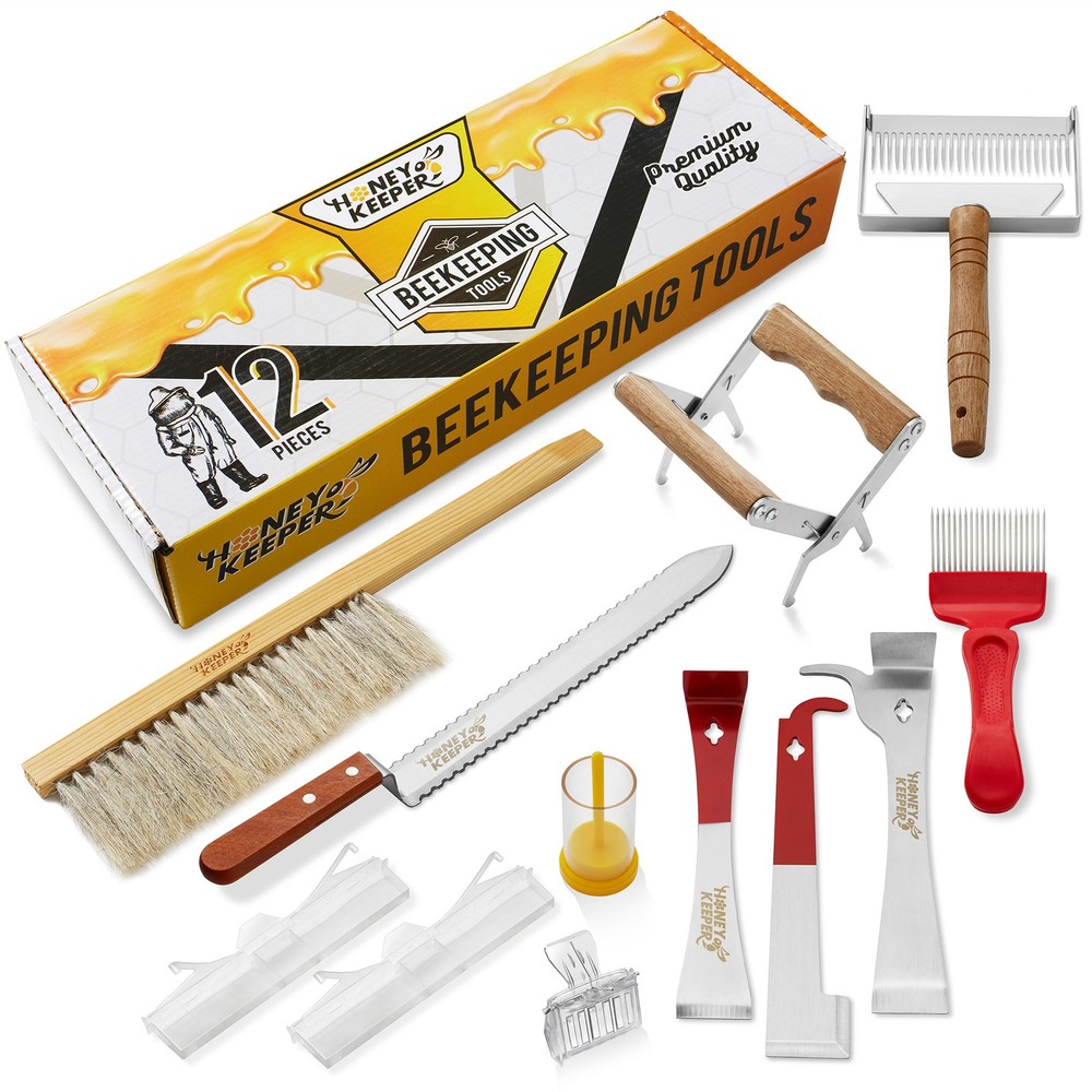 12 PC Beekeeping Tool Kit - Bee Brush Cage Frame Grip Beekeeper Starter Supplies