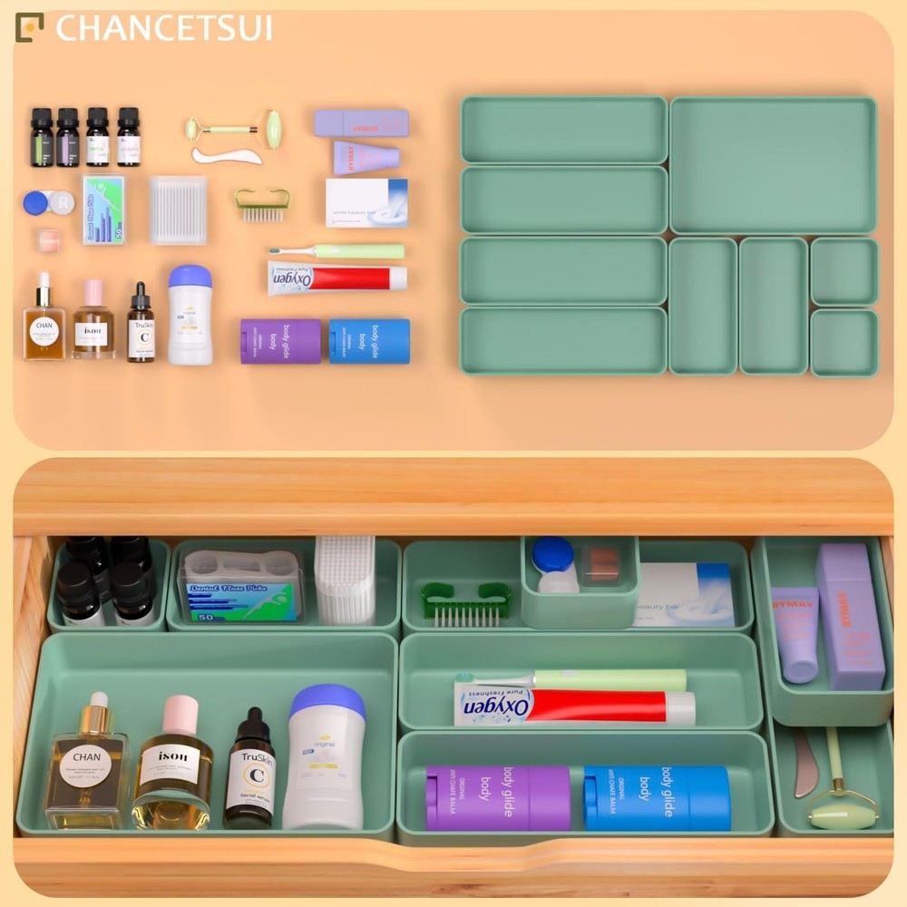 9 Pcs Stackable Drawer Organizer Trays Set, Green, Multifunctional Storage fo...