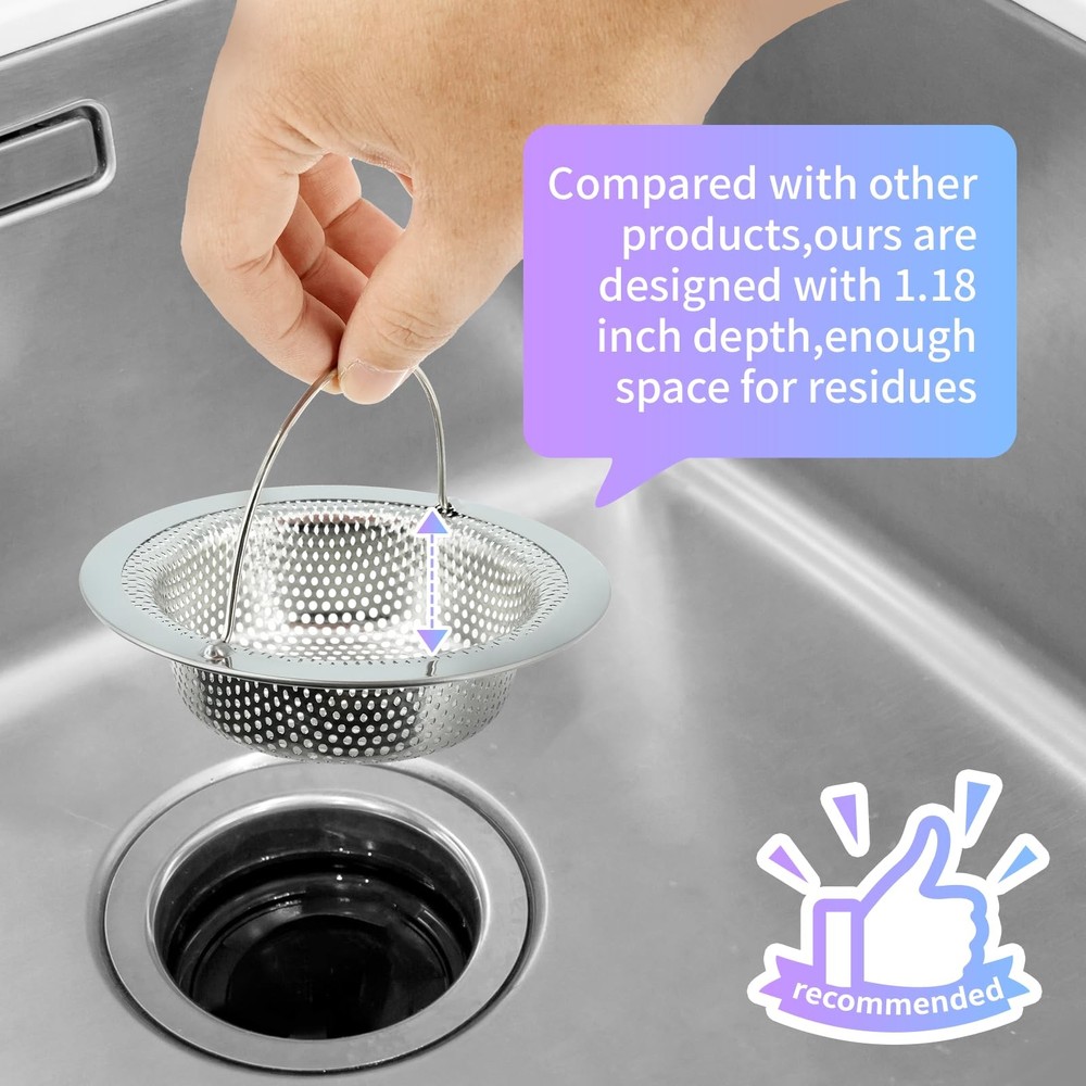 2 Pack Kitchen Sink Drain Strainer with Handle, Stainless Steel Large Kitchen...