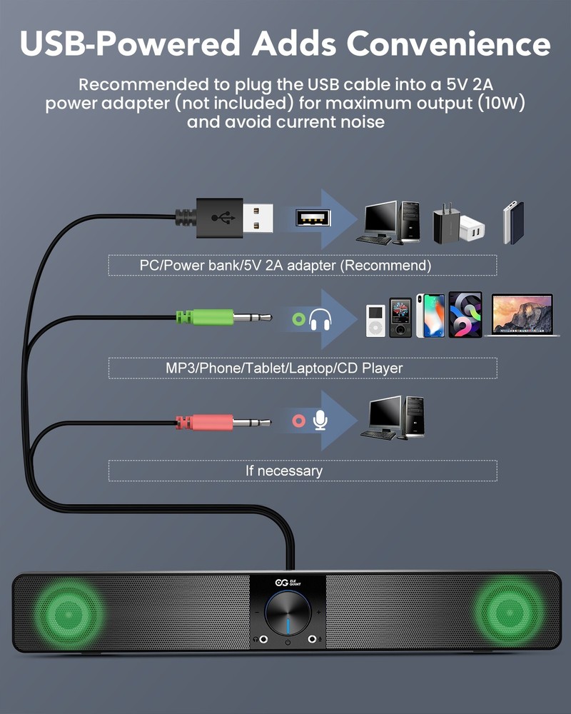ELEGIANT USB Powered Mini Soundbar Wired Computer Speaker