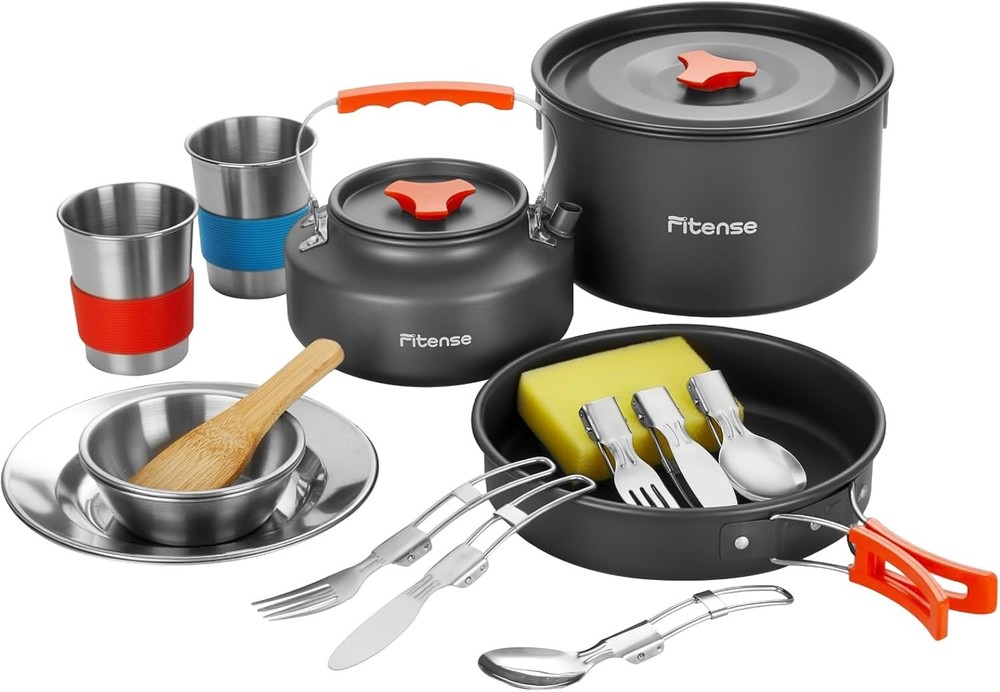 22Pcs Camping Cookware Mess Kit for 2, Lightweight Large, Silver, Orange