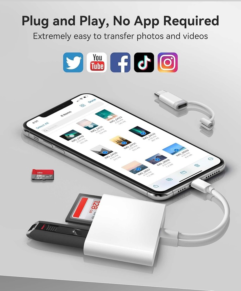 SD Card Reader for iPhone iPad Built-in Lightening & USB-C Dual Connectors Ca...