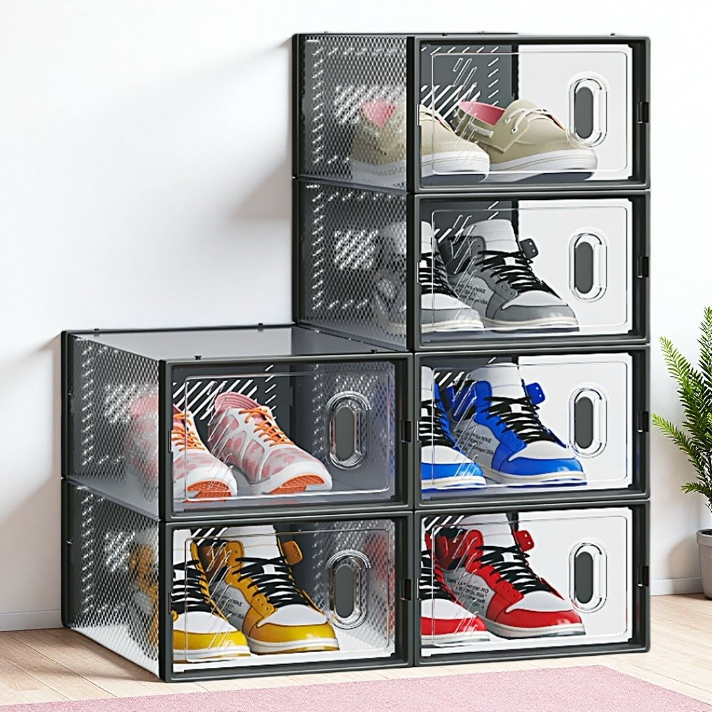 6-Pack Shoe Storage Boxes - Stackable, Plastic Mesh, Door, Black & Small Size
